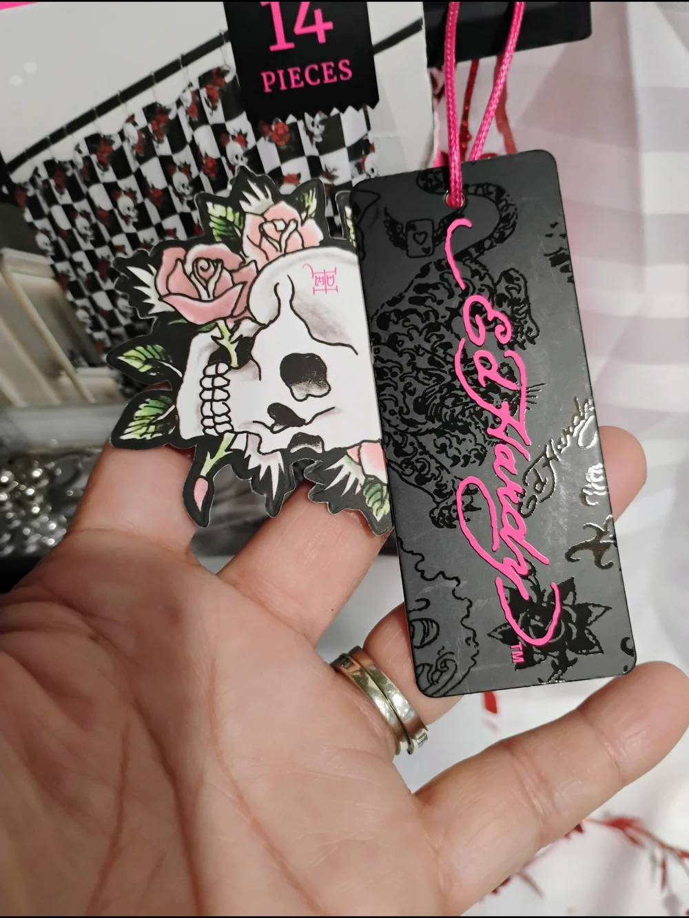 Ed Hardy Black, White & Red Checker Rose Shower Curtain Set
